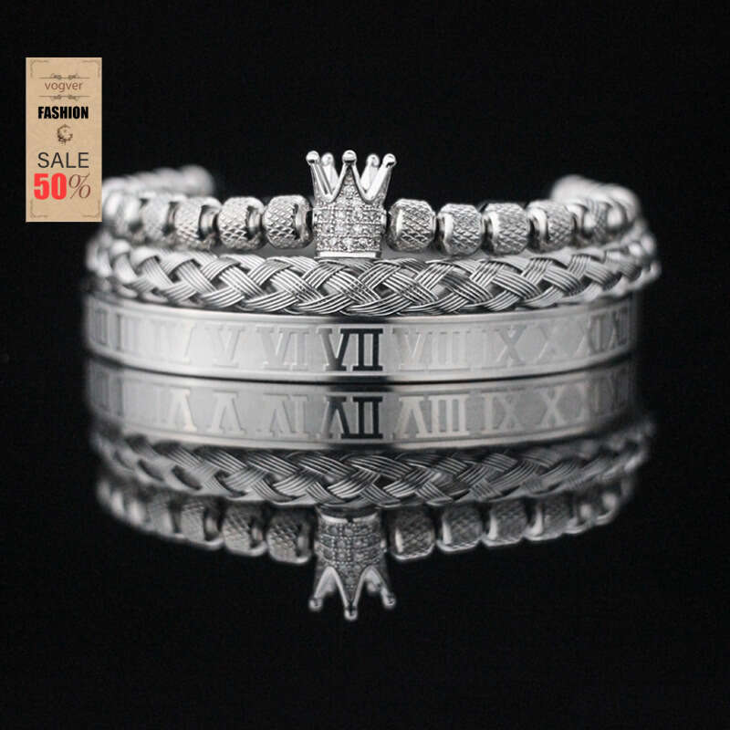 Retro Titanium Steel Bracelet Set for Men Diamond Inlay Letter Crown Jewelry for Daily Casual & Office Commute