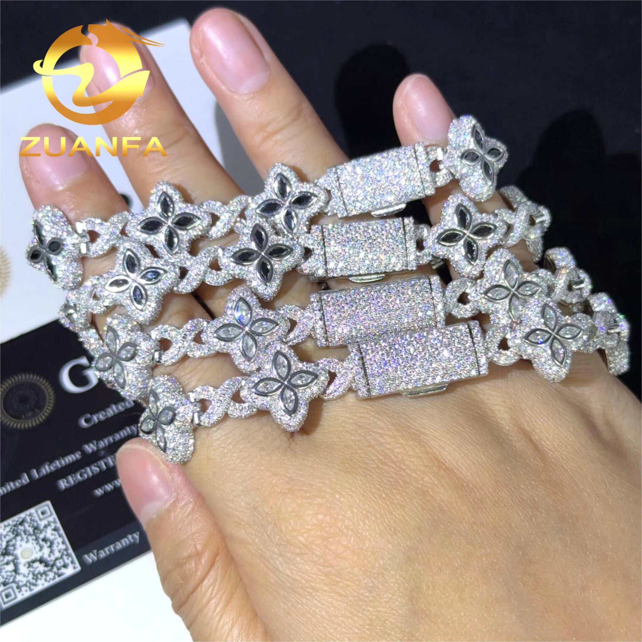 Moissanite Hip Hop Jewelry 15mm Flower Design Iced Out Moissanite Cuban Link Bracelet 925 Silver Moissanite Diamond Bracelet