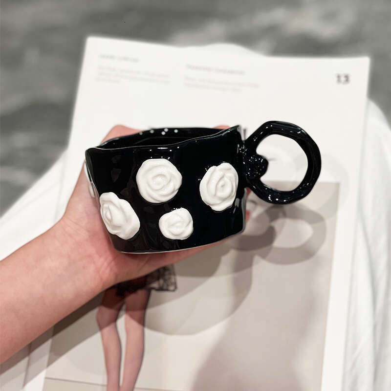 Couple's Mugs Gifts Souvenirs Rose Patterned Ceramic Cups For Women Exquisite Girly Style 3D Hand Painted Relief Design