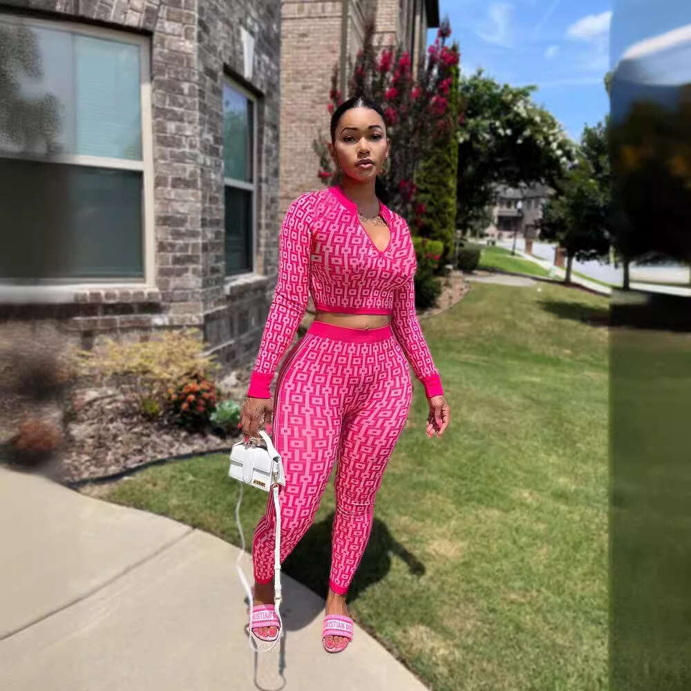 OL6131 Amazon European and American Autumn Winter Women's Stretch Knit Printed Set Long Sleeve Two-Piece Three Colors Available