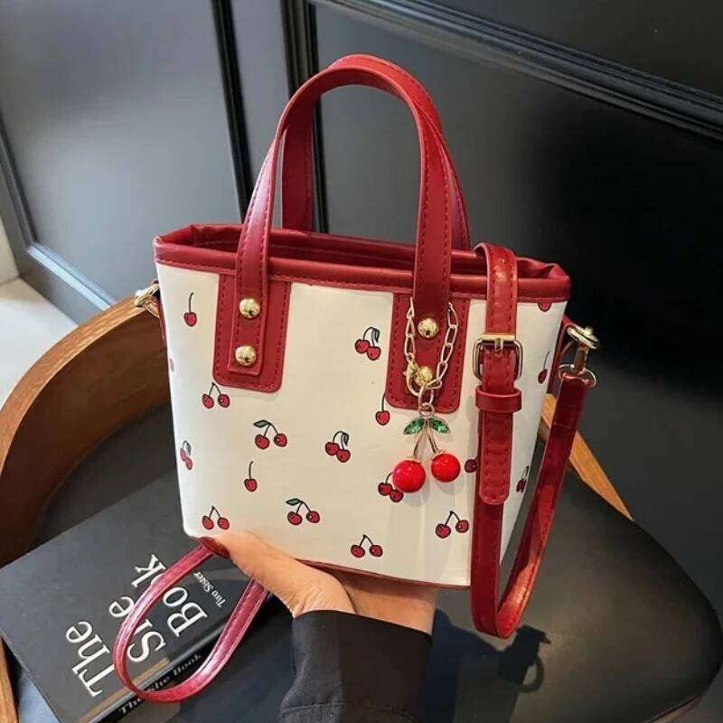 Women PU Shoulder Large Capacity Trendy Commuting with Cherry Pendant Stylish Crossbody Bag Aesthetic Handbag