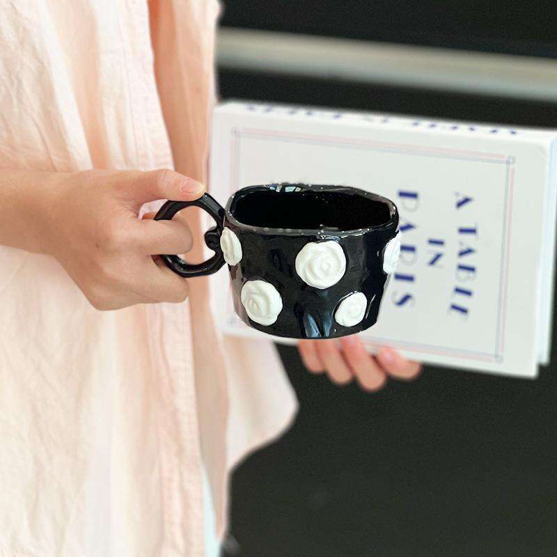 Couple's Mugs Gifts Souvenirs Rose Patterned Ceramic Cups For Women Exquisite Girly Style 3D Hand Painted Relief Design