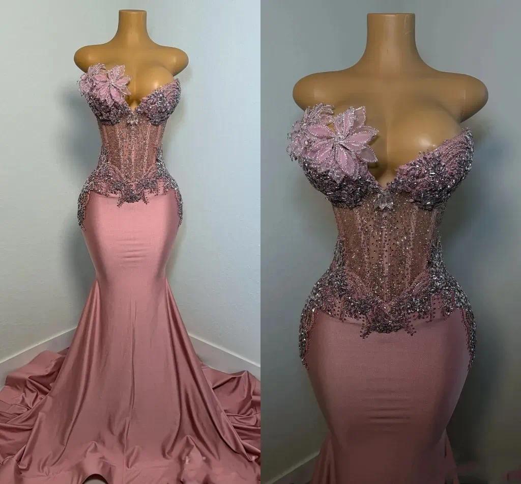 Dusty Pink Evening Dress with Sparkly Crystals Embellishment For African Black Women Handmade Flower Special Occasion Prom Gowns Trumpet Long Formal Wear LG0121