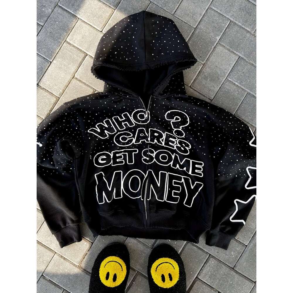 Men's 2000S Retro With "Who Cares? Get Some Money" Print - Black Zip-Up Pullover, Loose Fit, Long Sleeve, Style, All-Season Wear, Comfortable Clothing Trendy Eskeem