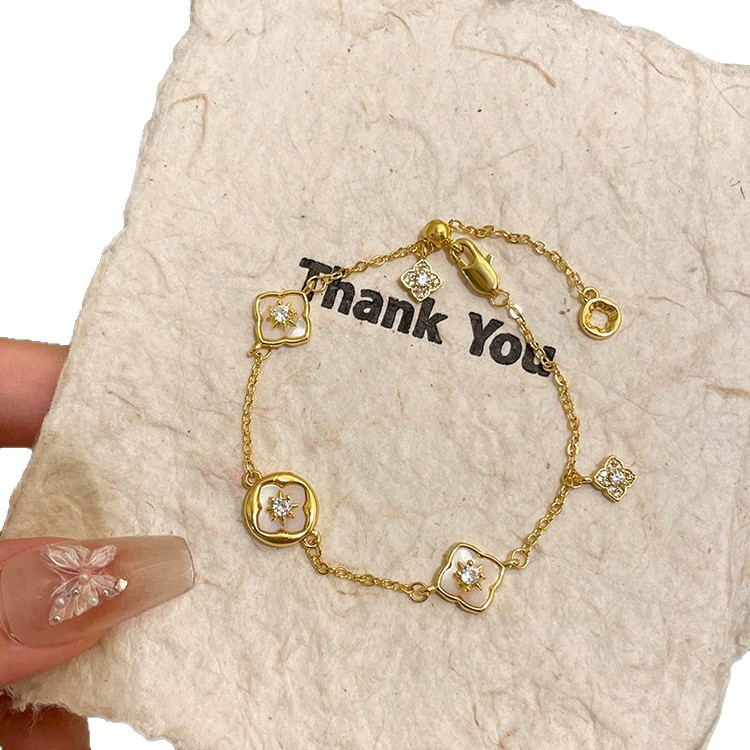 18K Real Gold Plated Zircon Mother-of-Pearl Flower Adjustable Bracelet Light Luxury High-End Feel Personalized Versatile Jewelry