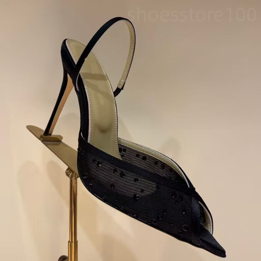 Designer rhinestone Embellished stiletto heel sandals Peep Toes Pointed toe Lace hollow sandals Slingbacks Evening Wedding Dress Shoes 9.5cm Bring box with box
