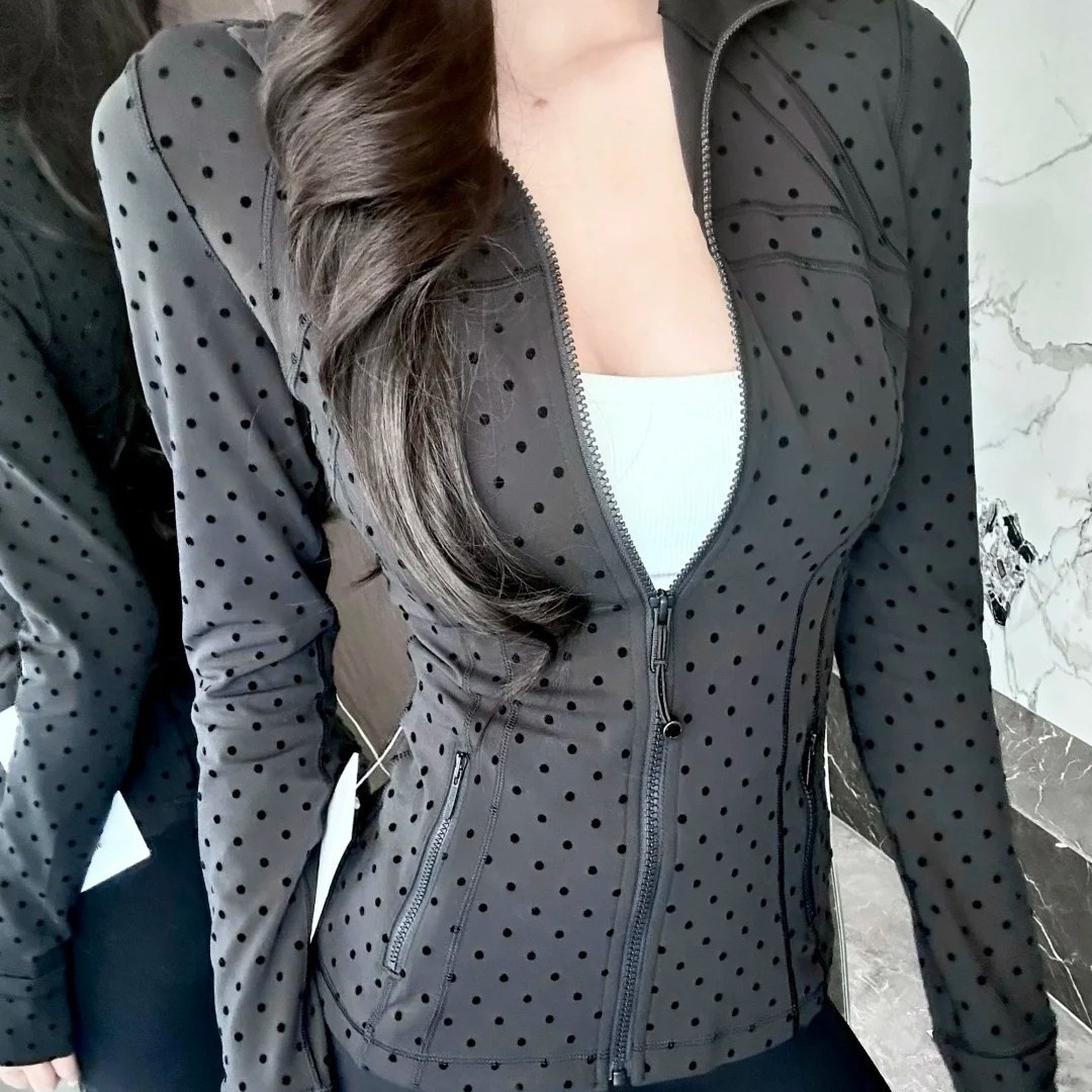 Flocked Polka Dot Yoga Set DF jacket Womens Stand Collar Slim Fit LongShort Jacket with Polka Dot Leggings Yoga 2-Piece Set