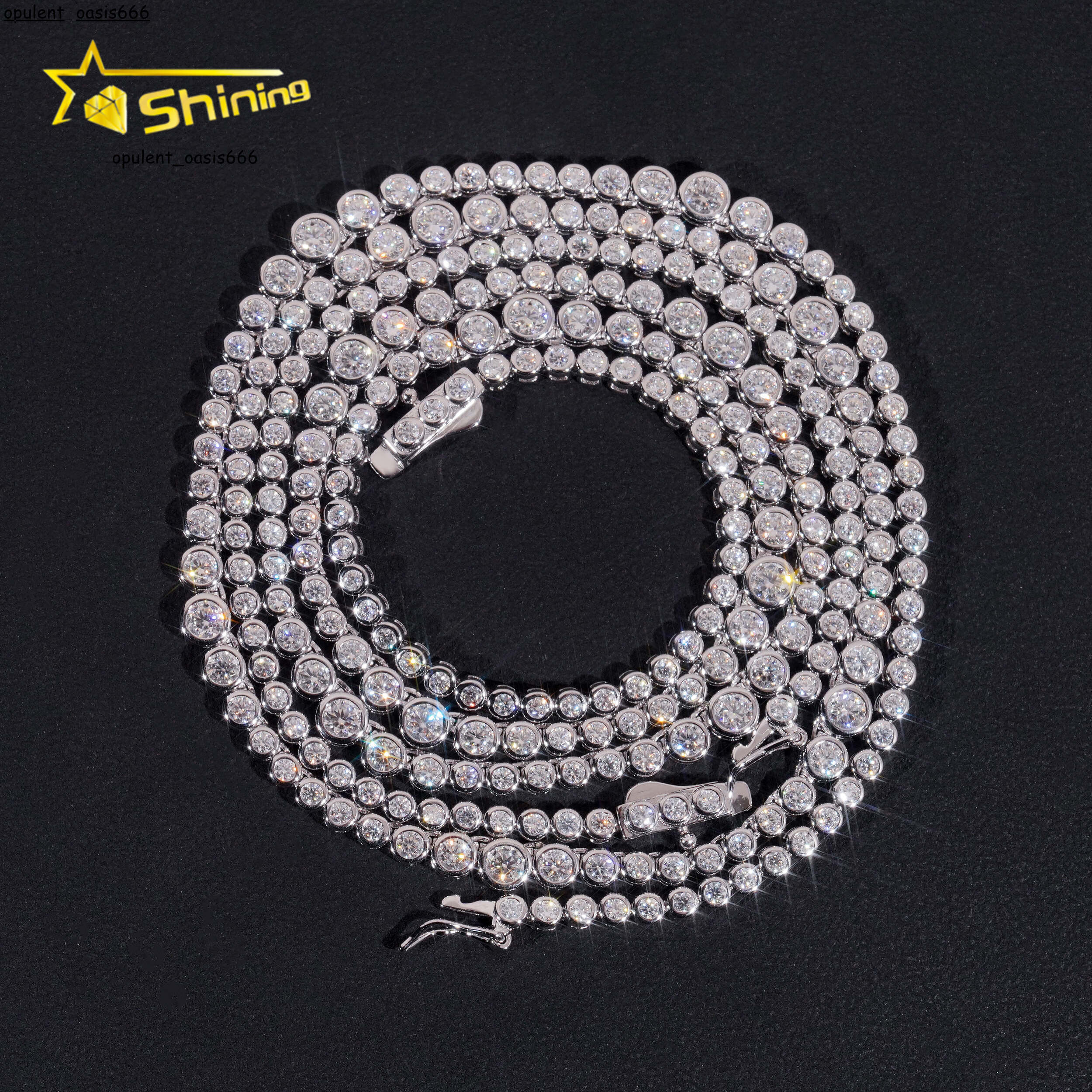 New Fancy Design Bezel Moissanite Choker Necklaces 925 Sterling Silver 2MM Hip Hop Moissanite Tennis Chain for Men Women