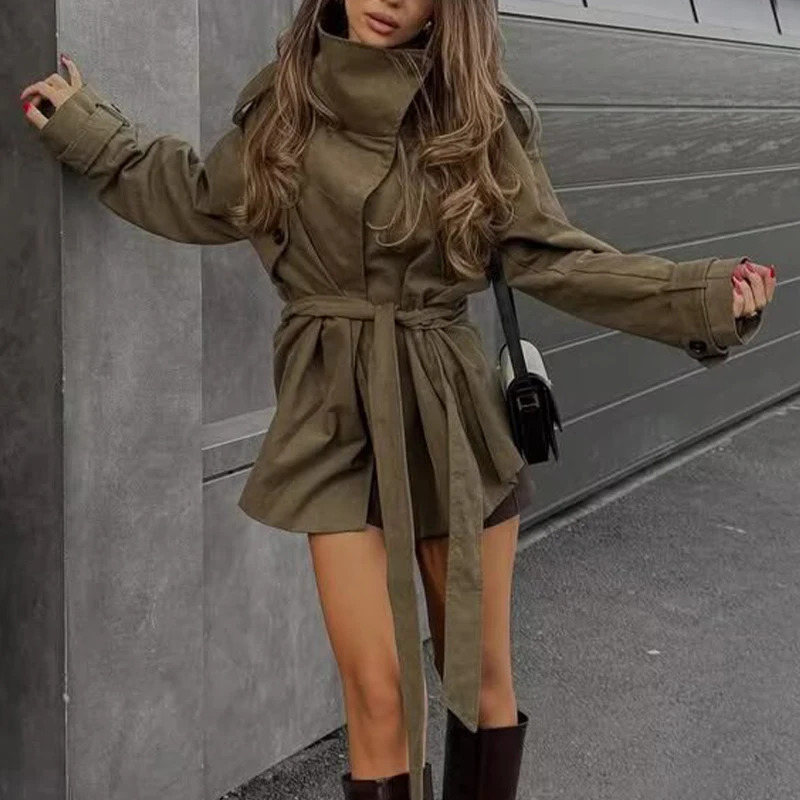 2025 AutumnWinter Stylish ious Elegant PartyStyle Cotton Belted Trench Coat 260106