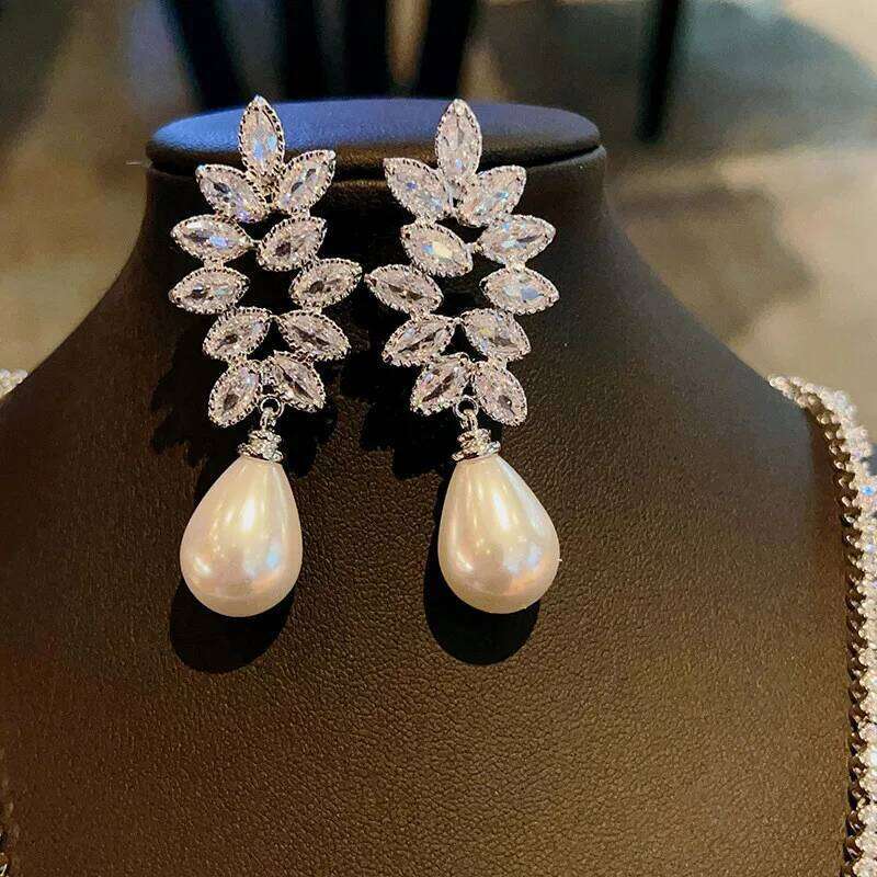 Dangle CZ Pearl Earrings Luxury Female Accessory for Women Wedding Trendy Jewelry