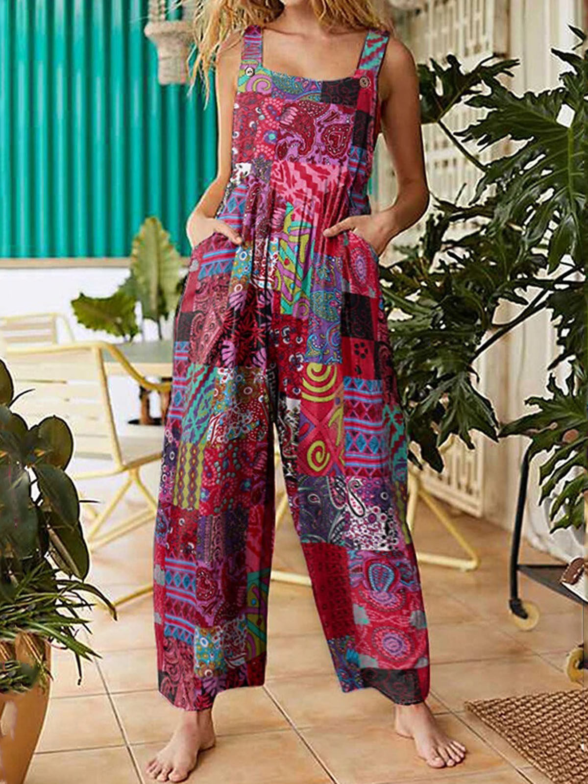 Patchwork Printed Jumpsuit Suspenders Patchwork Printed Overalls231123