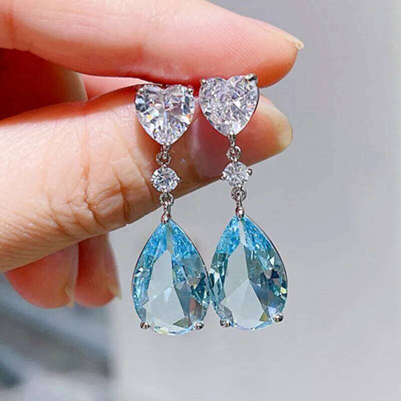 Green Blue Cubic Zirconia Dangle Earrings for Women Silver Color Wedding Trend Eternity Love Jewelry