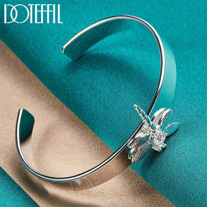 DOTEFFIL 925 Sterling Silver Dragonfly Smooth Bangle Bracelet For Woman Man Wedding Engagement Fashion Charm Party Jewelry