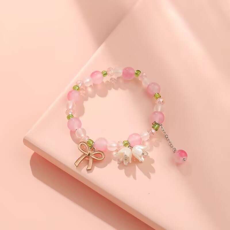 Jewellery Bracelet Textured Flower Shaped Metal Bow Knot with Pink Opal and Green Beads for Daily Wear Sweet Fashion Gift High Quality