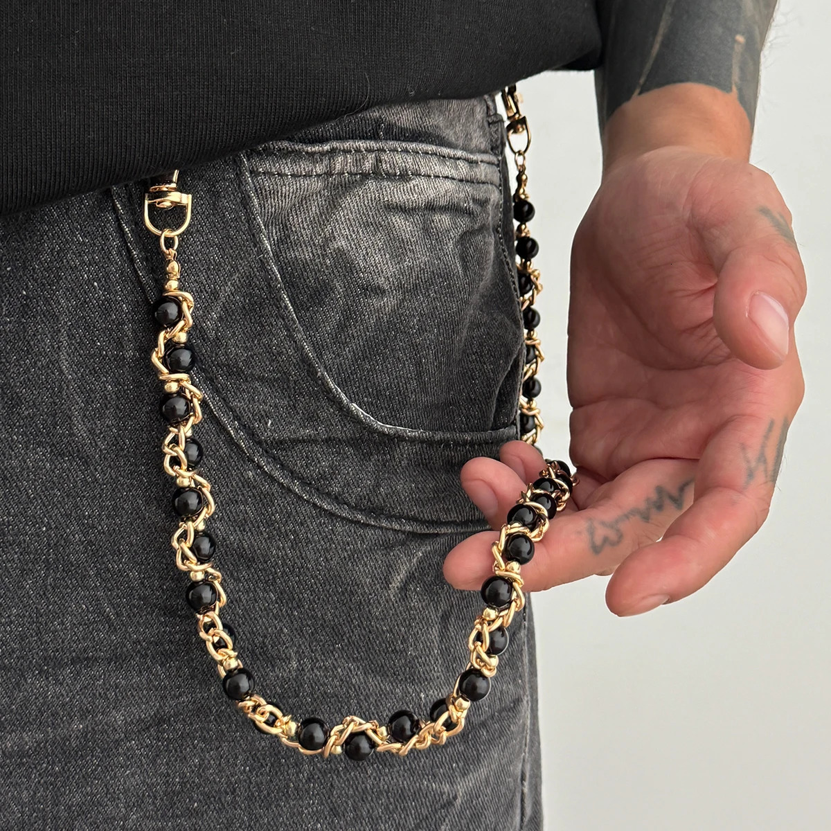 Salircon Punk Pearl Trousers Hipster Pant Jeans Keychain Ring Clip Men Metal Handmade Beaded Waist Chain Jewelry Gifts 260104