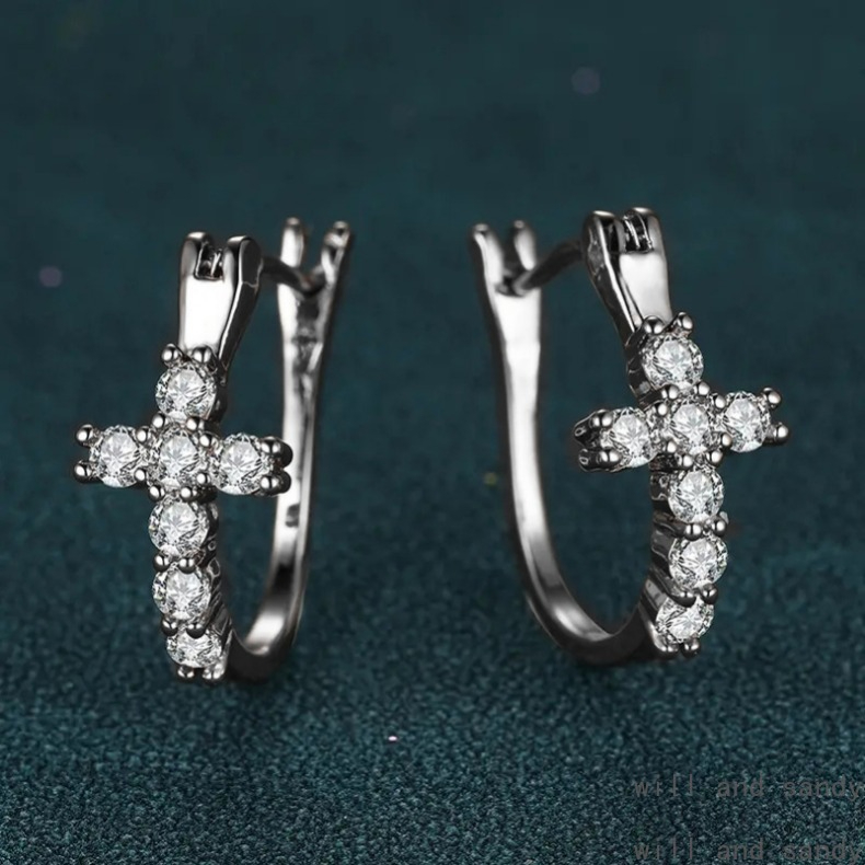 Cubic Zirconia Cross Earrings Hoop Charm Sterling Silver Designer Jewelry Diamond Clip on Iced Out Earring Rings Cuff for Woman Wedding Mother Gift Luxury Jewelry
