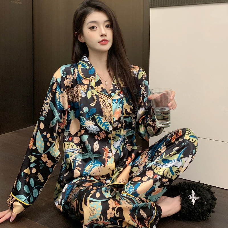 Silk Satin Women Pajama Set Floral Long Sleeve Top Full-Length Pants Wrap V Neck Lace-Up 2 Piece Sleepwear Nightwear Homwear 240913