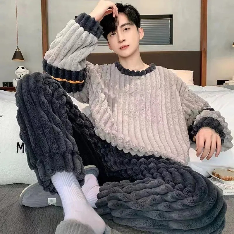 Flannel Pajamas Men Autumn and Winter Coral Velvet Thickened Warm Plus Size Loungewear Crew Neck Pullover Long Sleeve Nightwear 260106