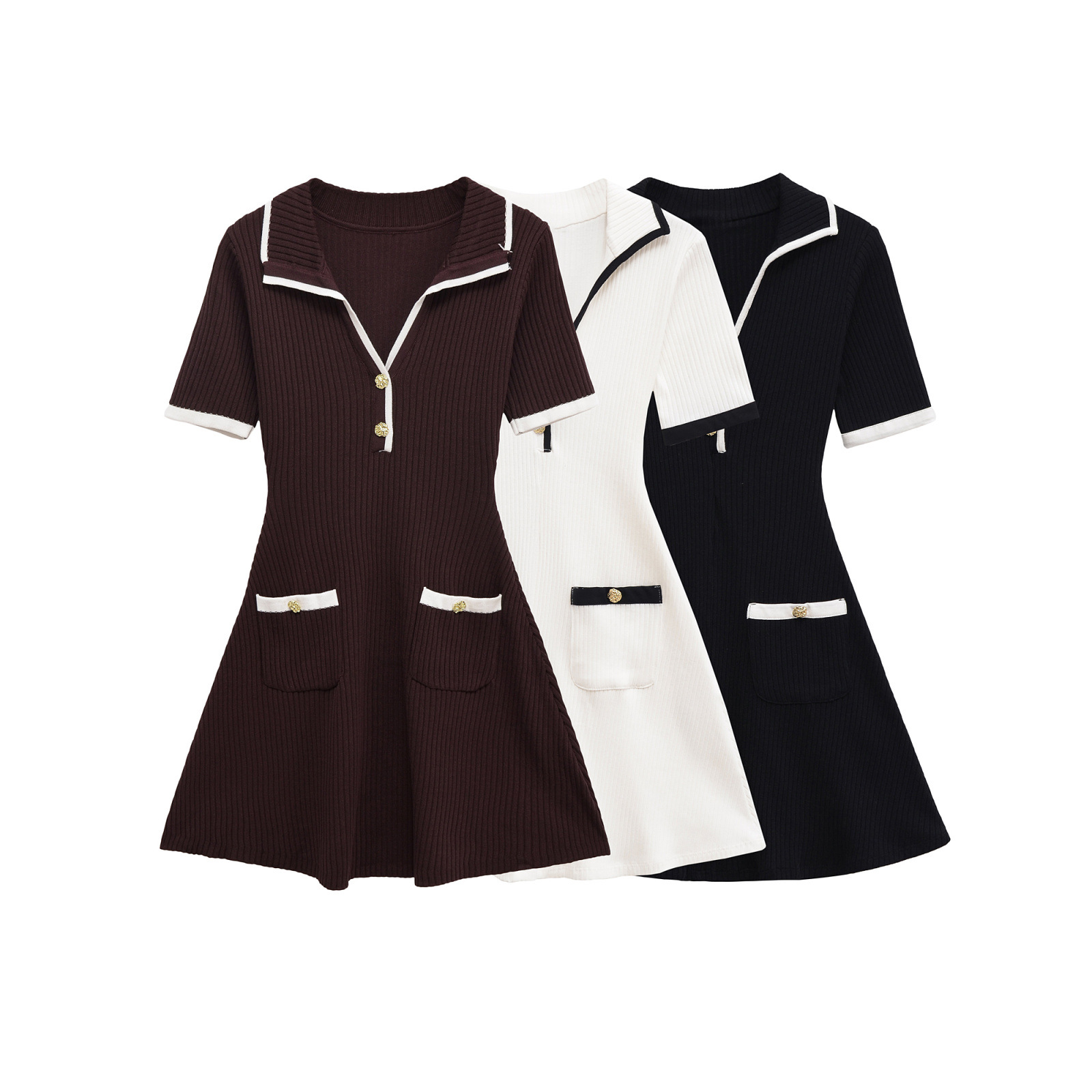 Free delivery women dress Fashionable casual women's wear simple style V-neck short skirt metal buttons ribbed