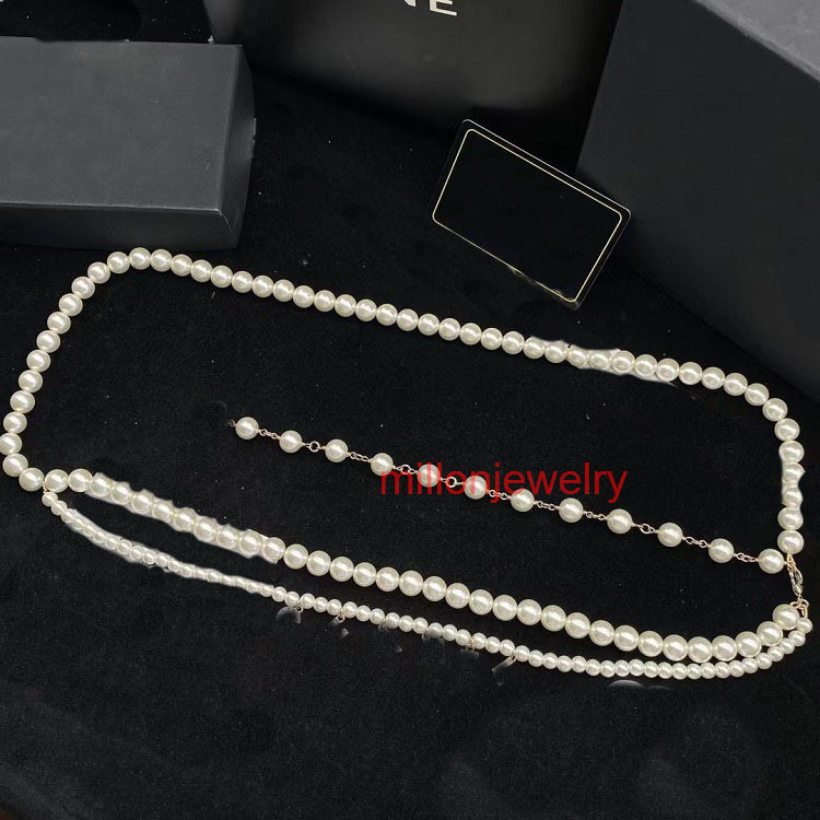 designer belt channels Pearl Long Waist Chain Double Layer Brass Material Double C Rhinestone Belt