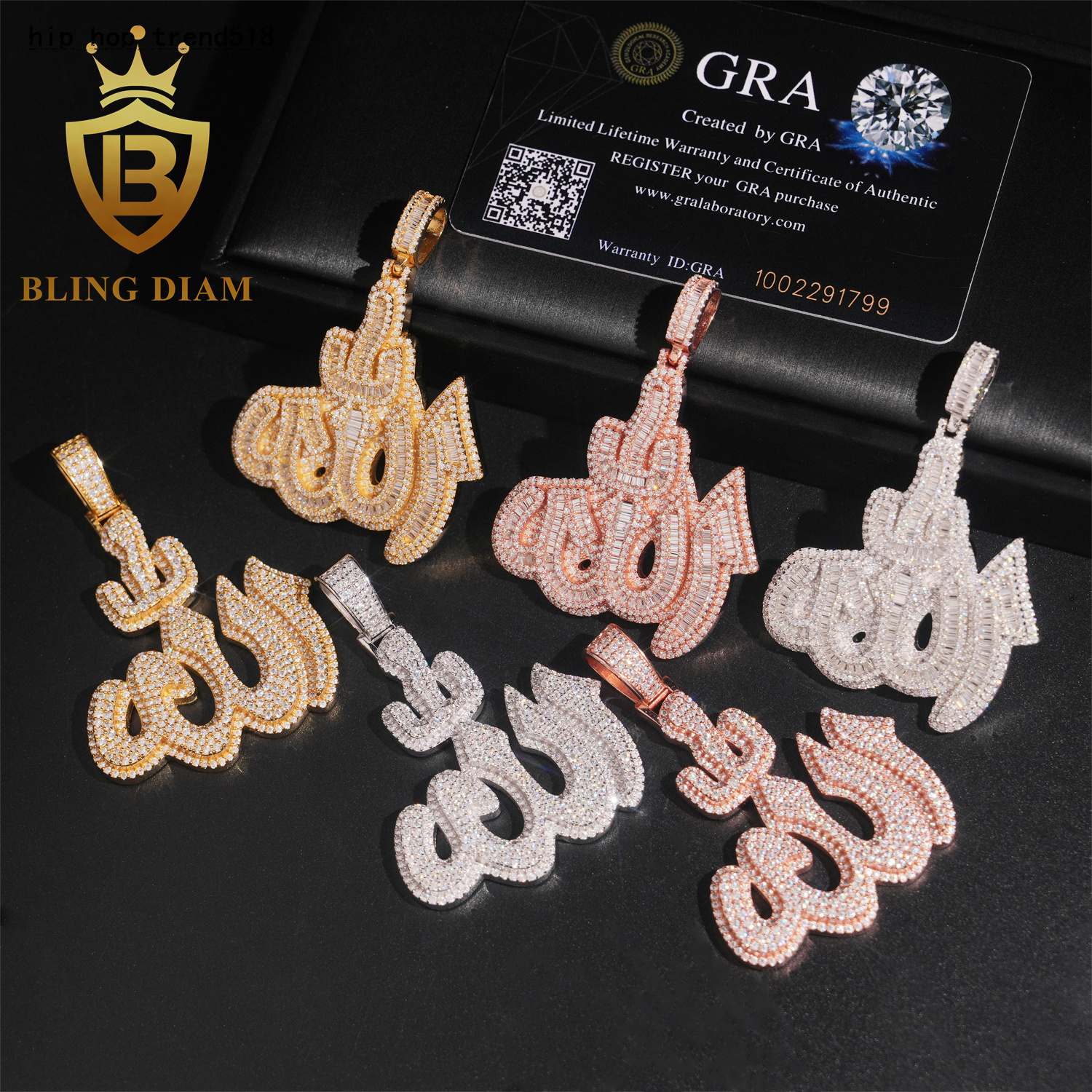 Hip Hop Jewelry Allah Pendant Moissanite Diamond Charm Pendants Baguette Iced Out Rapper Pendant 925 Silver