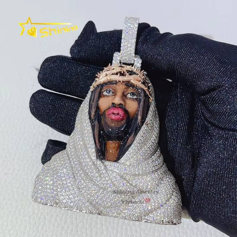 3 Tall Buss Down Rapper Jewelry Sterling Silver White Gold Iced Out Jesus Moissanite Pendant Enamel