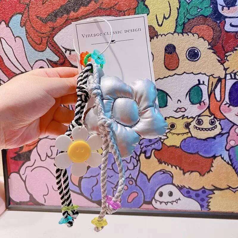 Handmade Macaron Big Flower Keychain Sweet Pendant Nylon Braided Rope Fashionable Charm Colorful Bag Pendants XJ260106