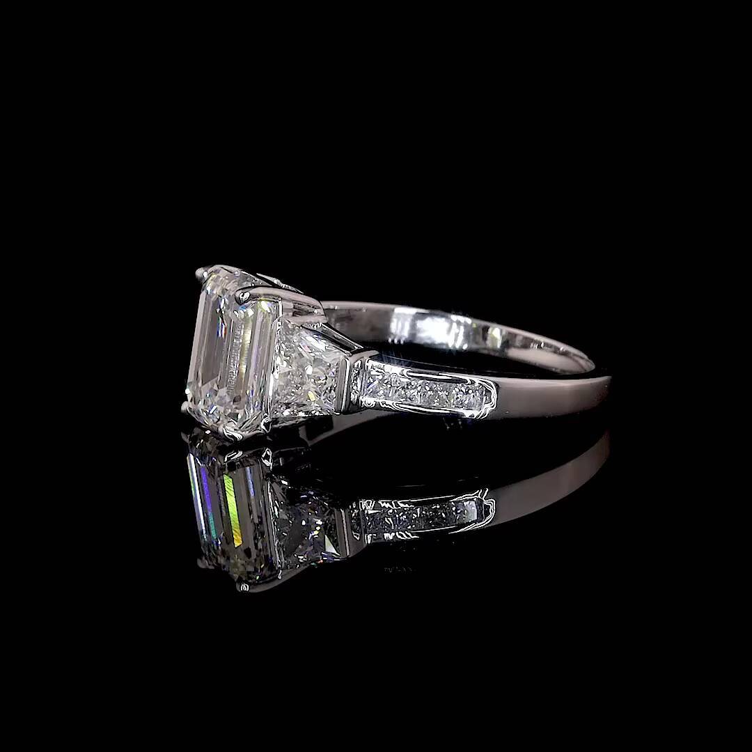 Lab Grown Diamond Ring 3ct D VS1 Emerald Cut CVD 3 Stones Engagement Ring in 14k or 18k Gold VS1 Lab Diamond Ring