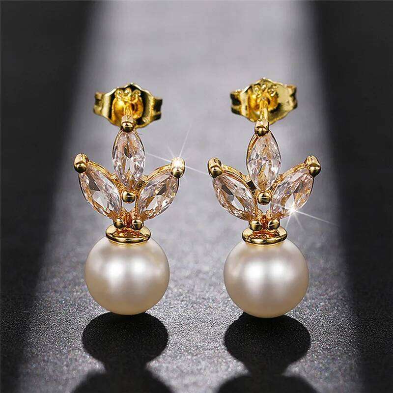 Pearl Stud Earrings for Women, Gold Color Cubic Zirconia Accessories, Statement Jewelry, Gift