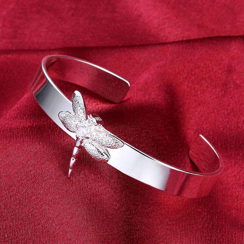 DOTEFFIL Dragonfly Smooth Bangle Bracelet 925 Sterling Silver Woman Wedding Engagement Fashion Charm Party Jewelry