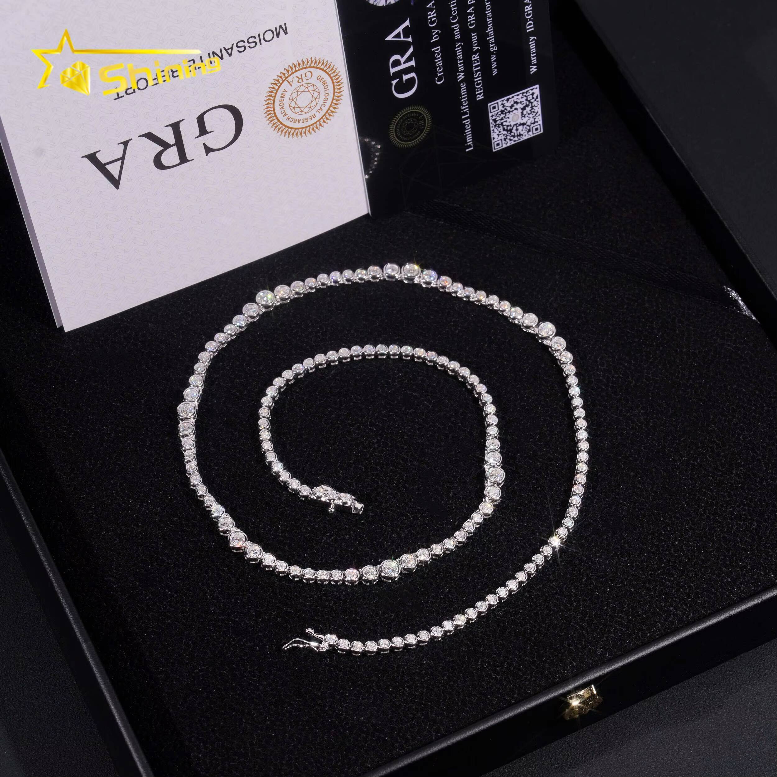 New Fancy Design Bezel Moissanite Choker Necklaces 925 Sterling Silver 2MM Hip Hop Moissanite Tennis Chain for Men Women