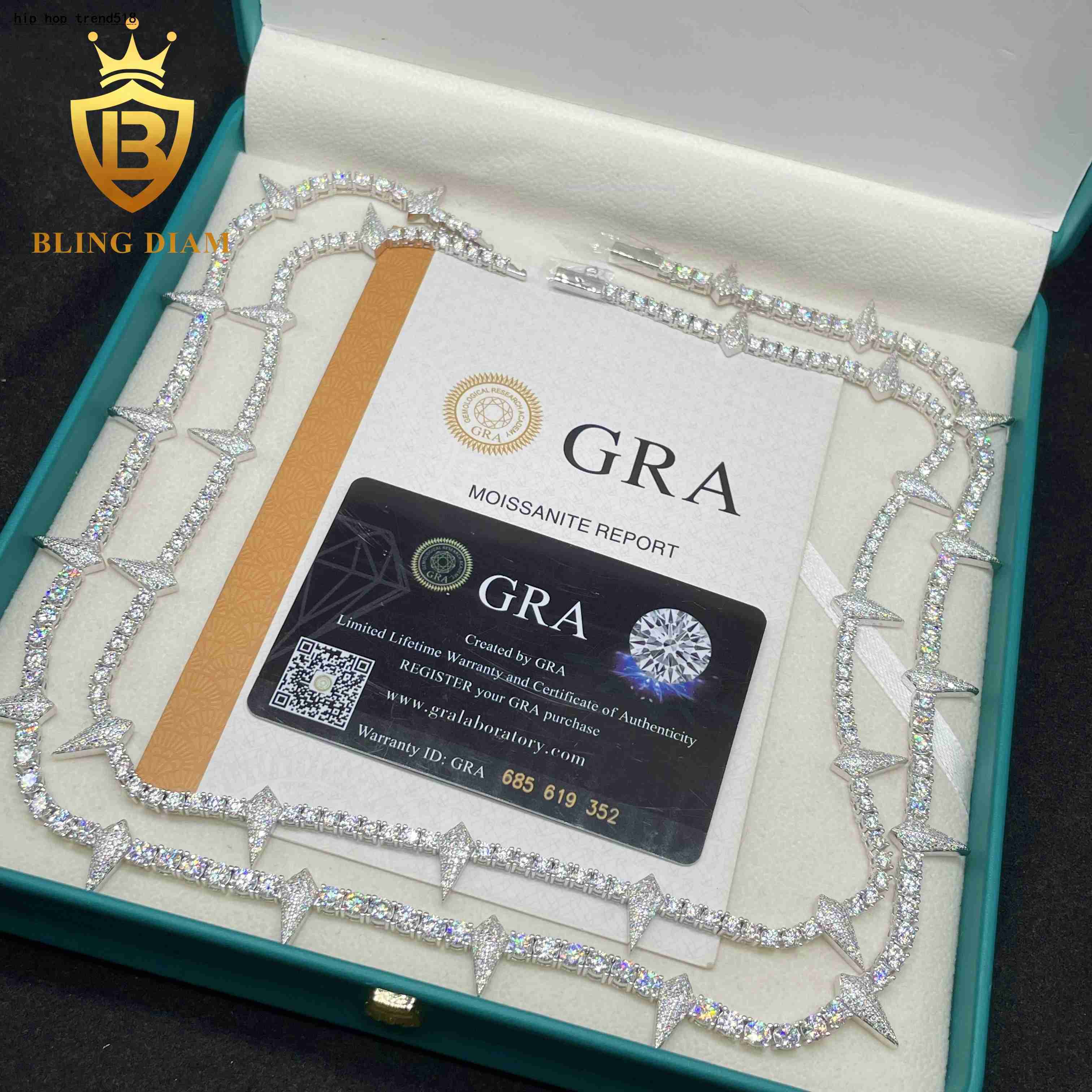 New Arrival Iced Out Jewelry 3MM 4MM Tennis Chain 925 Silver Thorny Style Moissanite Diamond Tennis Necklace GRA Certificate