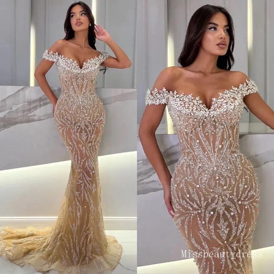 Champagne Crystal Mermaid Evening Dresses Elegant Beaded Off Shoulder Prom Dress Backless Robe De Soiree Sweep Train Dresses For Special Ocns 4D27