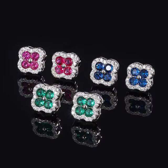 925 Sterling Silver Flower Green Ruby Blue VVS Moissanite Four-Leaf Clover Stud Earrings for Women