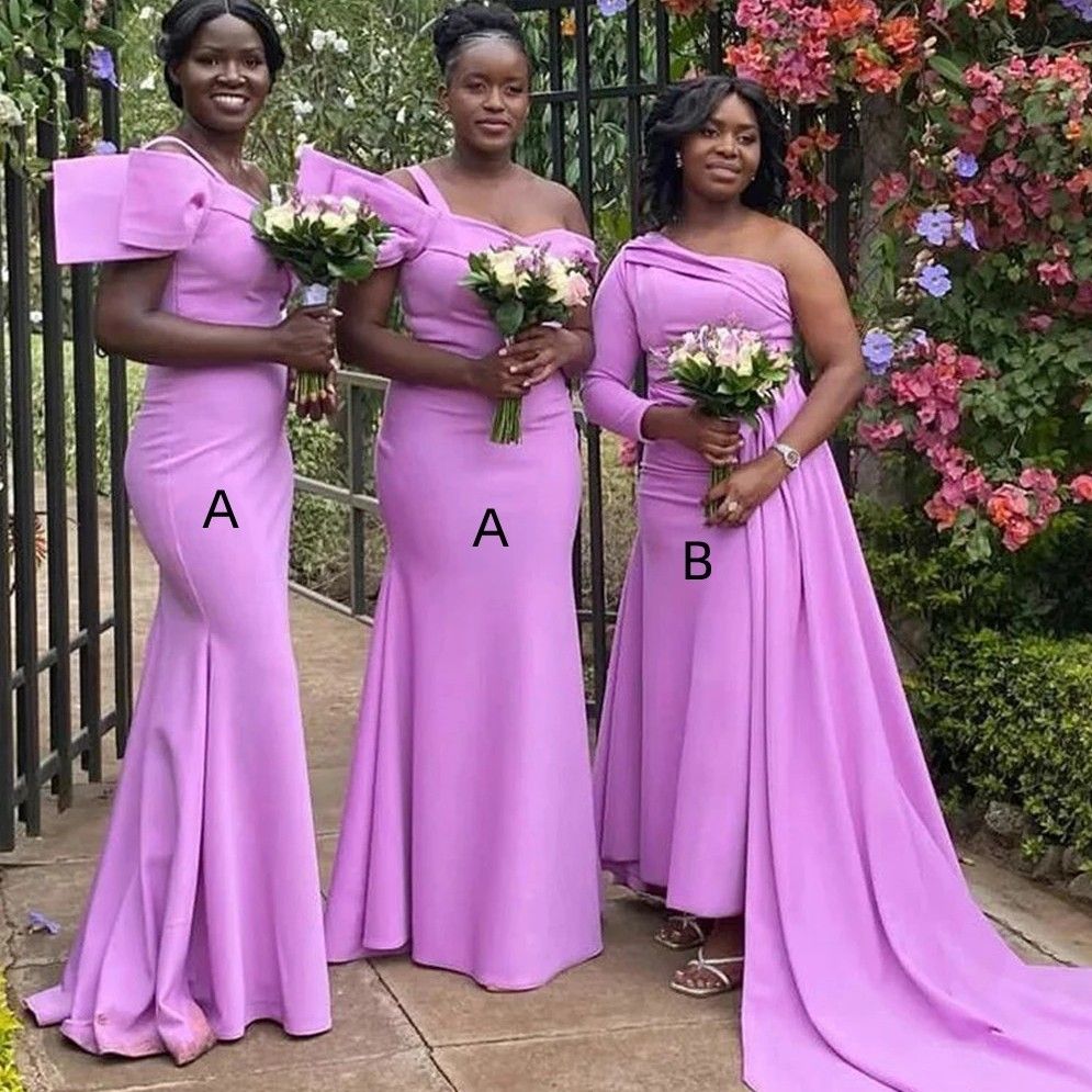 Light Purple African Women Long Bridesmaid Dresses Elegant One Shoulder Slim Fitted Mermaid Formal Occasion Gowns Sweep Train Plus Size Maid Of Honor Dress J06