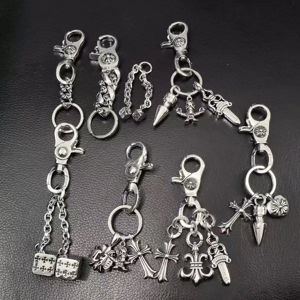 Top Designer Chrome cross Key chain flower dice ball buckle waist pants chain silver bag chain personalized men women retro bag hanging chain thick Keychain jewelry