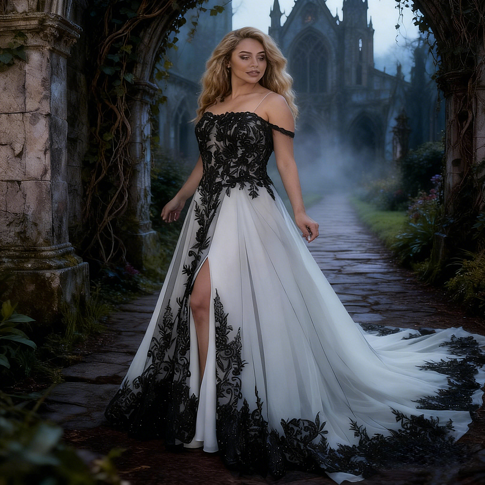 Gothic Black And White A-Line Wedding Dresses Lace Appliques A-Line Spaghetti Long Tulle Plus Size Bridal Gowns Side Slit Chic Vestidos De Novia