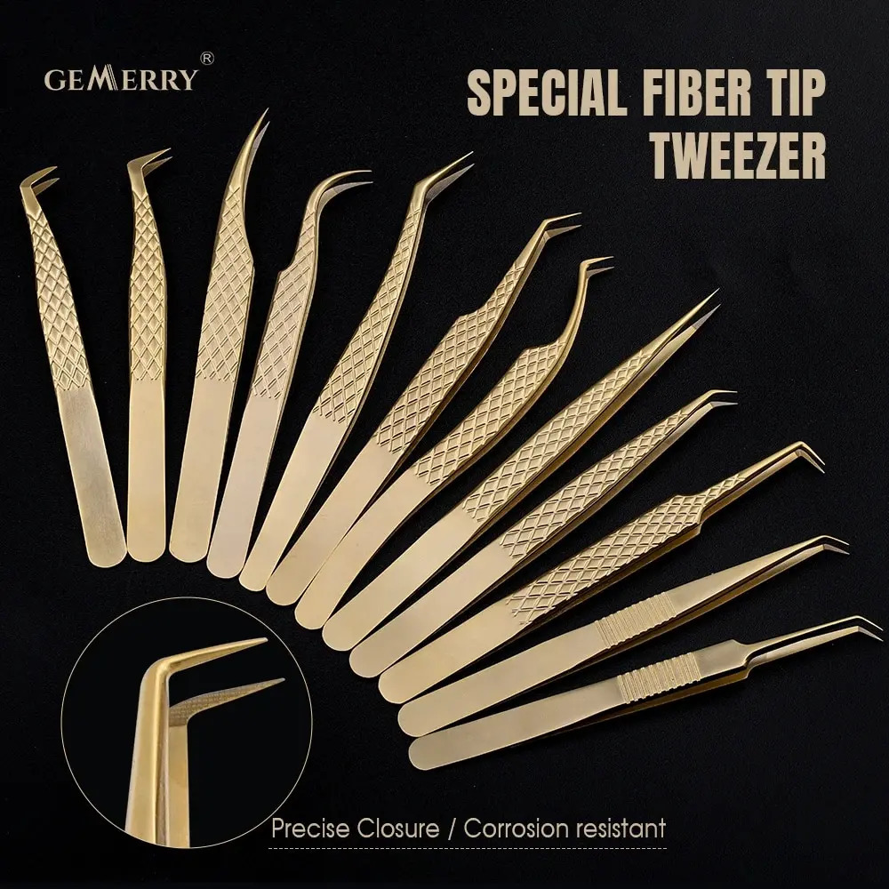 GEMERRY 1 Pcs Fiber Tips Eyelash Tweezers Extension Golden Stainless Steel High Precision Tweezer Volume Fans Professional Tools 251231