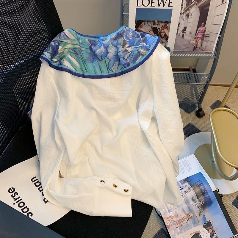 White Doll Collar Patchwork Shirt for Women Spring and Autumn French Style Unique and Chic Shirt 210417w