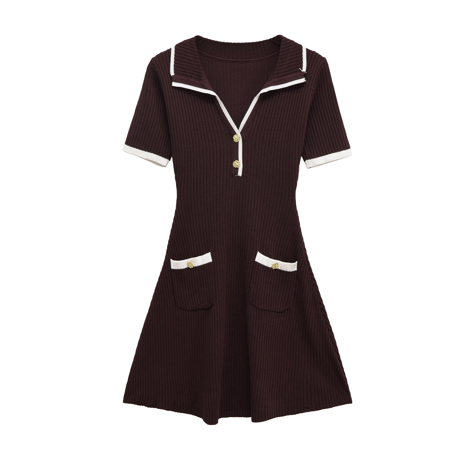 Free delivery women dress Fashionable casual women's wear simple style V-neck short skirt metal buttons ribbed