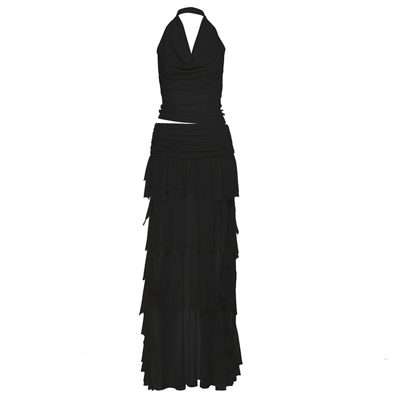 Sexy deep V-neck camisole mini skirt women's fashionable beach backless set decoration body top pleated pleated skirt summer