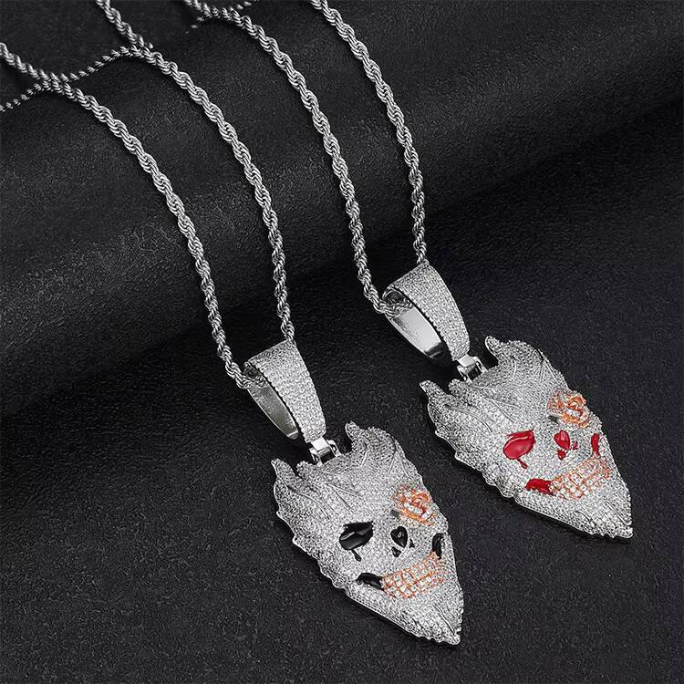 Custom 925 Sterling Silver Hip Hop Iced Out Skull Pendant Necklace Stylish Personality Charm