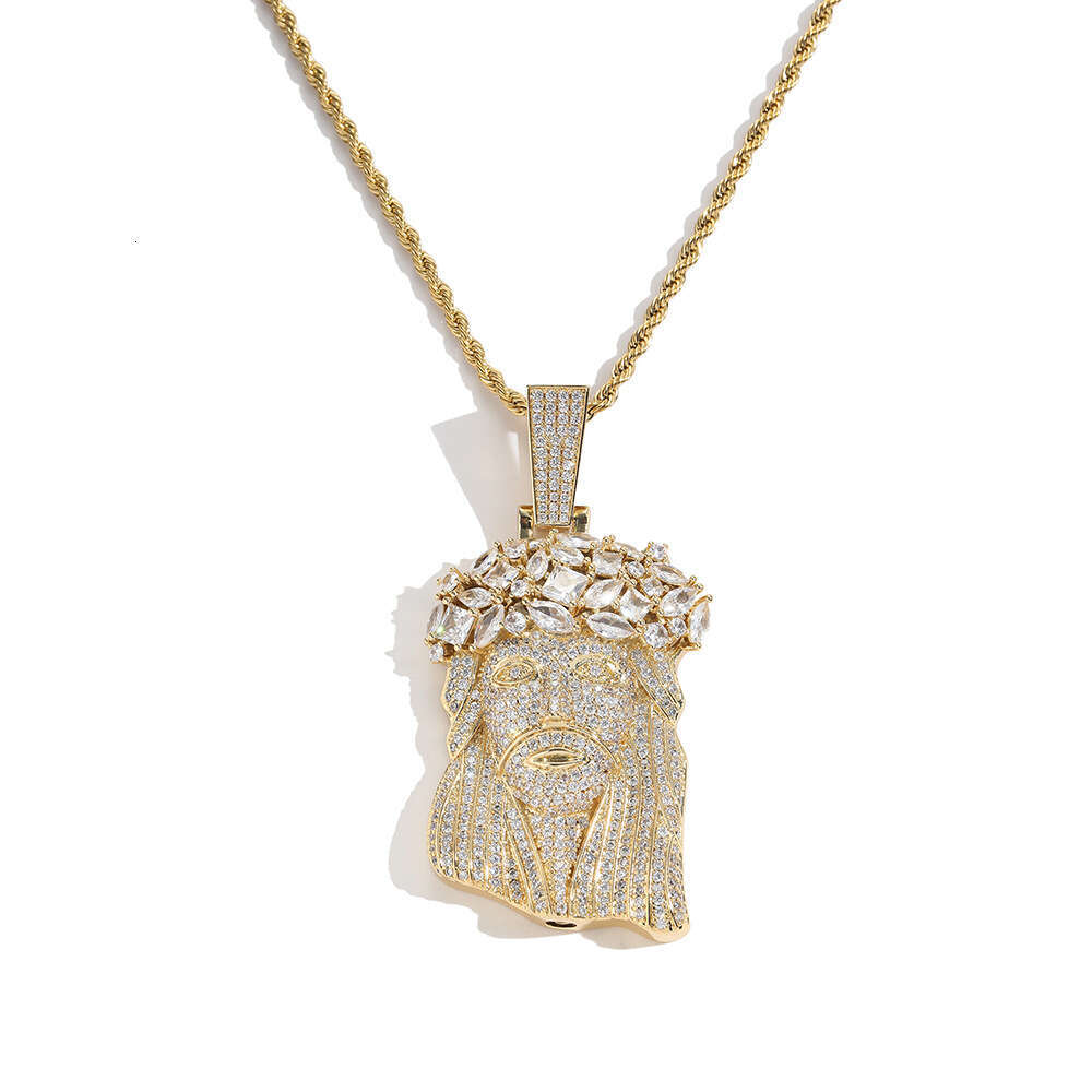 European And American Hip-Hop Copper Inlaid Zircon Personality Domineering Men's Necklace Cross-Border Human Face Head Pendant Chain
