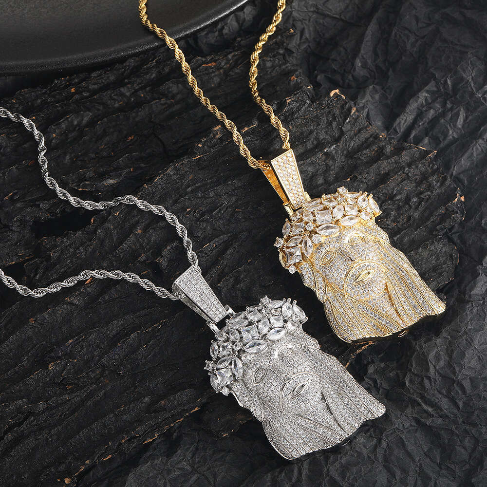European And American Hip-Hop Copper Inlaid Zircon Personality Domineering Men's Necklace Cross-Border Human Face Head Pendant Chain