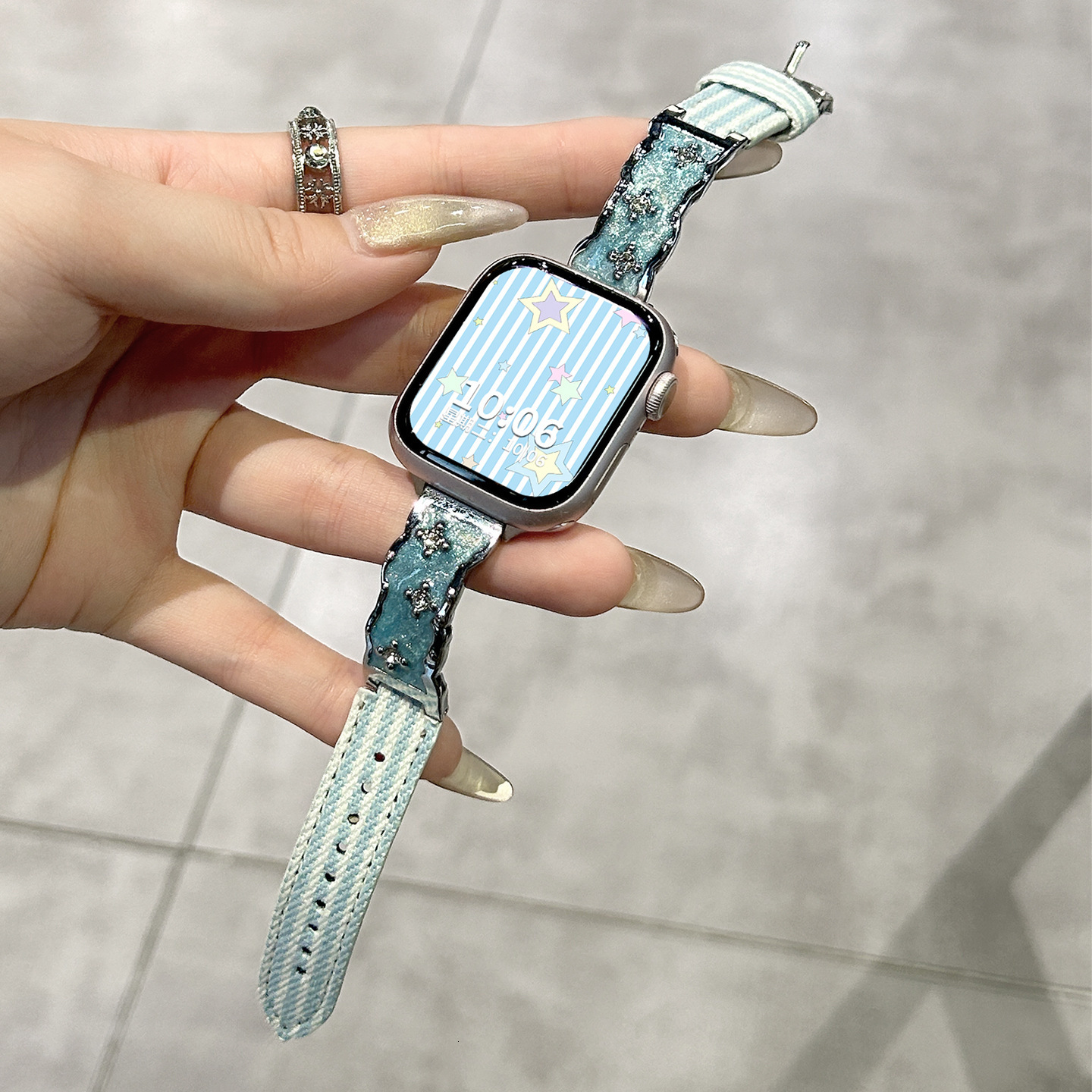 Compatible with Apple S10 Watch Band 9/8 New Blue Stripe Gold Trim Striped Canvas 7/6/5/4/3 NFC Wristband for Women