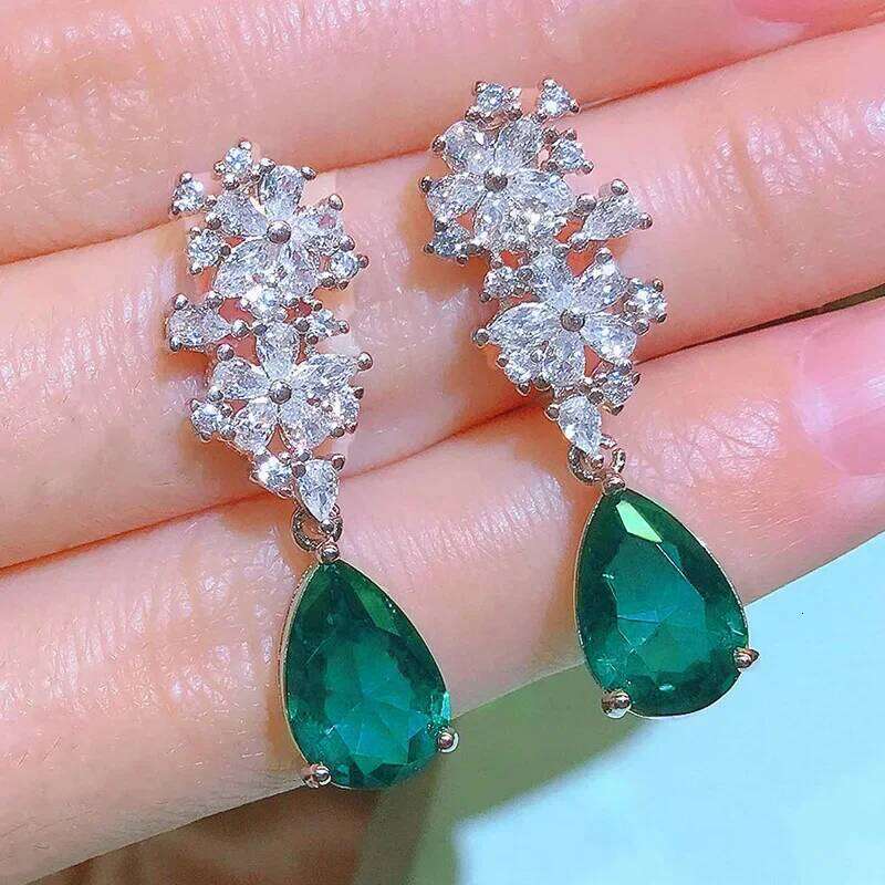 New Zircon Flower Water Drop Earrings for Women Elegant Delicate Sweet Emerald 925 Sterling Silver Earring Girls Party Jewelry