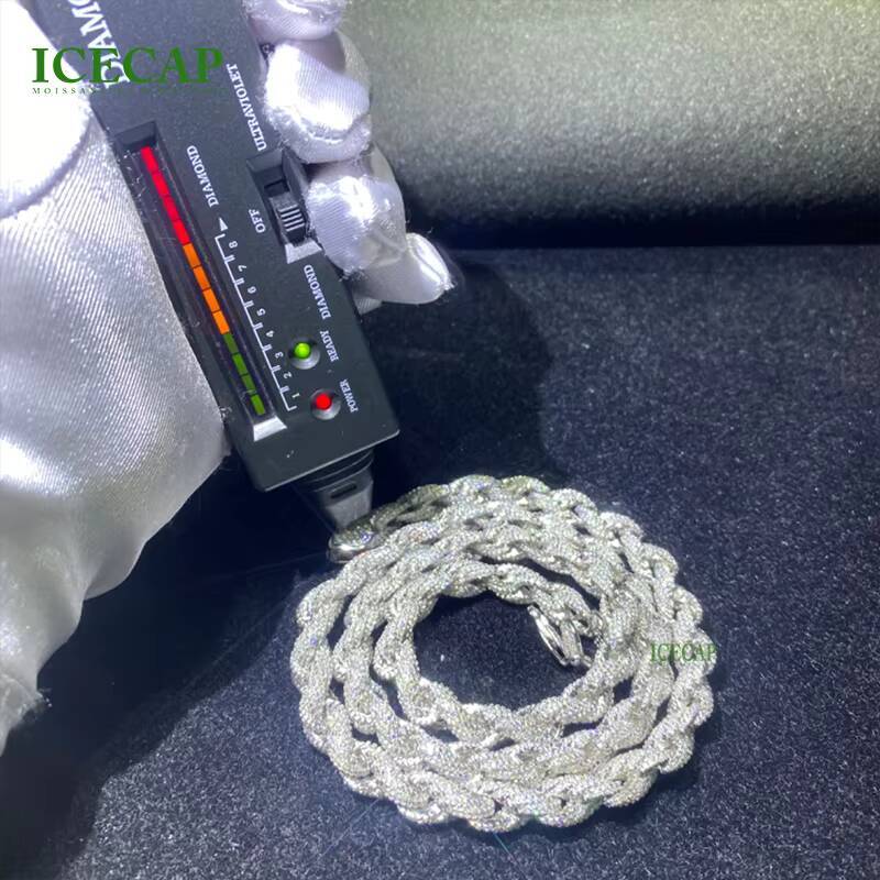 VVS Moissanite Rope Chain Necklace for Women Men 8mm Iced Out Tennis Style S925 Silver with Cuban Hip Hop Inspired Design