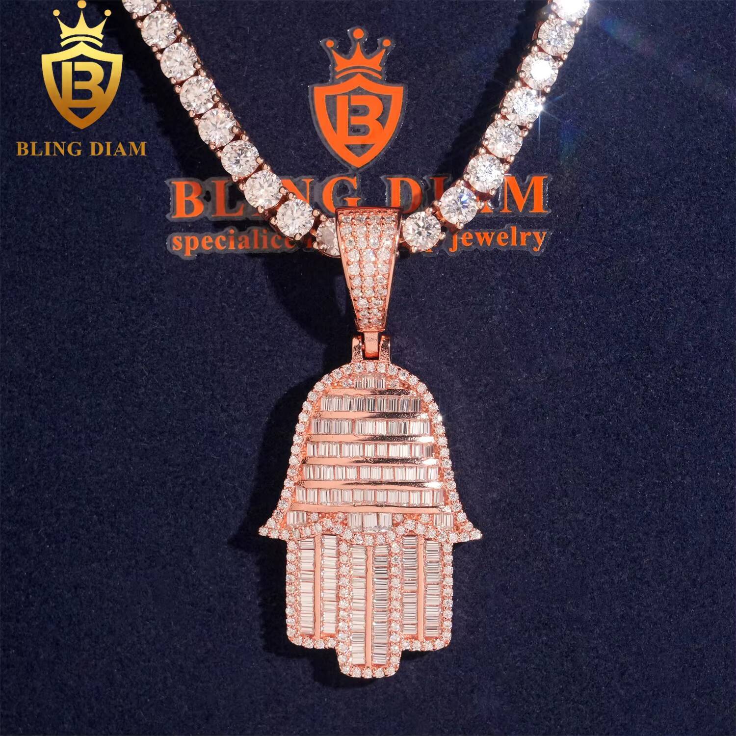 Hamsa Hand Pendant Necklace Charm Hip Hop Jewelry Vvs Moissanite 925 Sterling Silver Gra Certificated