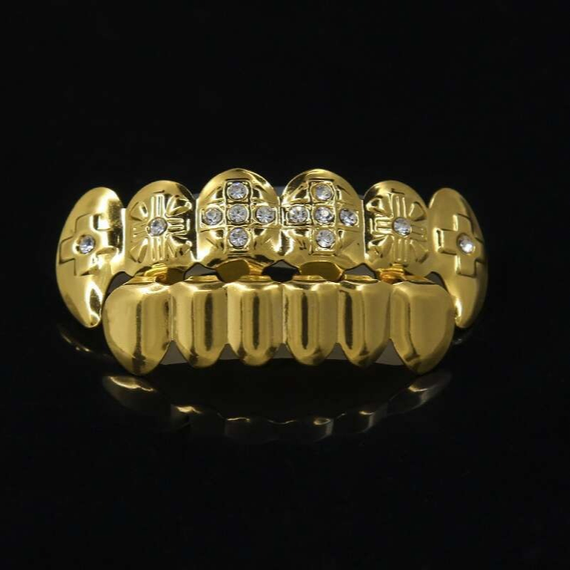 24K Gold Teeth Grillz Rhinestone Top/Bottom Shiny Grills Set ICED OUT Teeth Hip Hop Jewelry