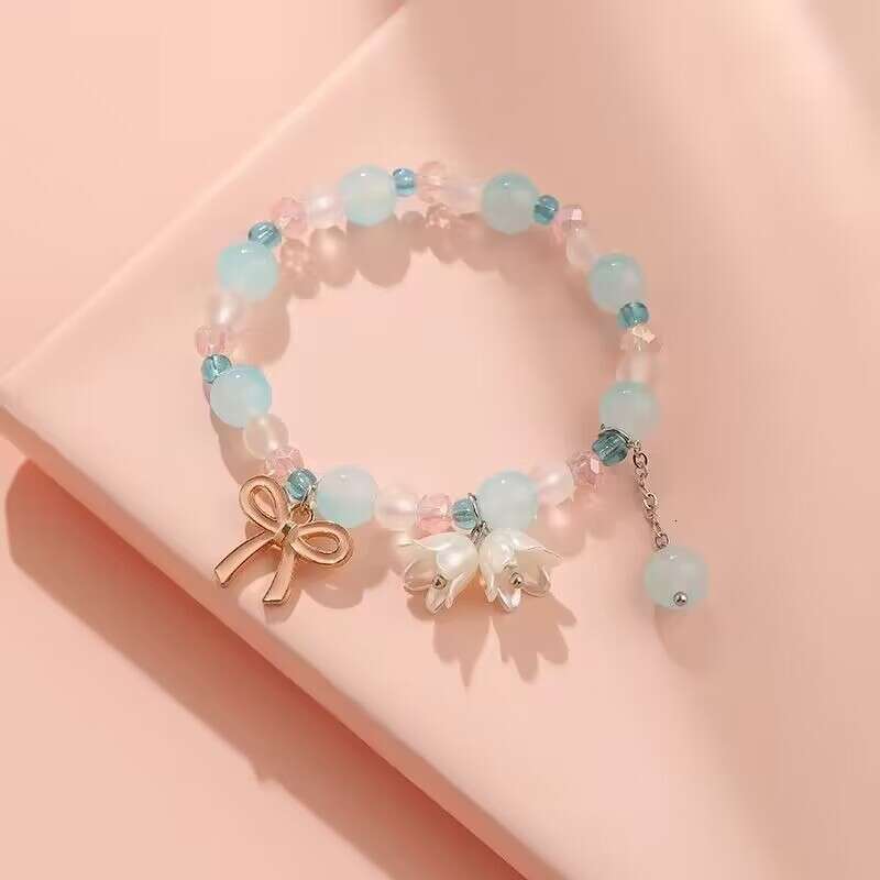 Jewellery Bracelet Textured Flower Shaped Metal Bow Knot with Pink Opal and Green Beads for Daily Wear Sweet Fashion Gift High Quality